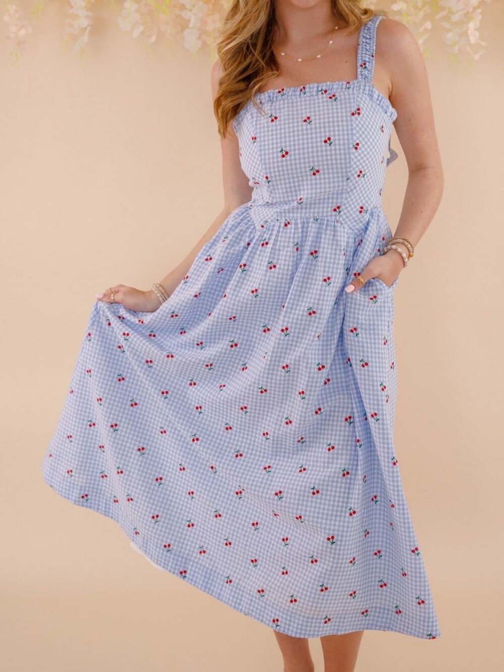 Blue Gingham Cherry Print Sundress, Medium